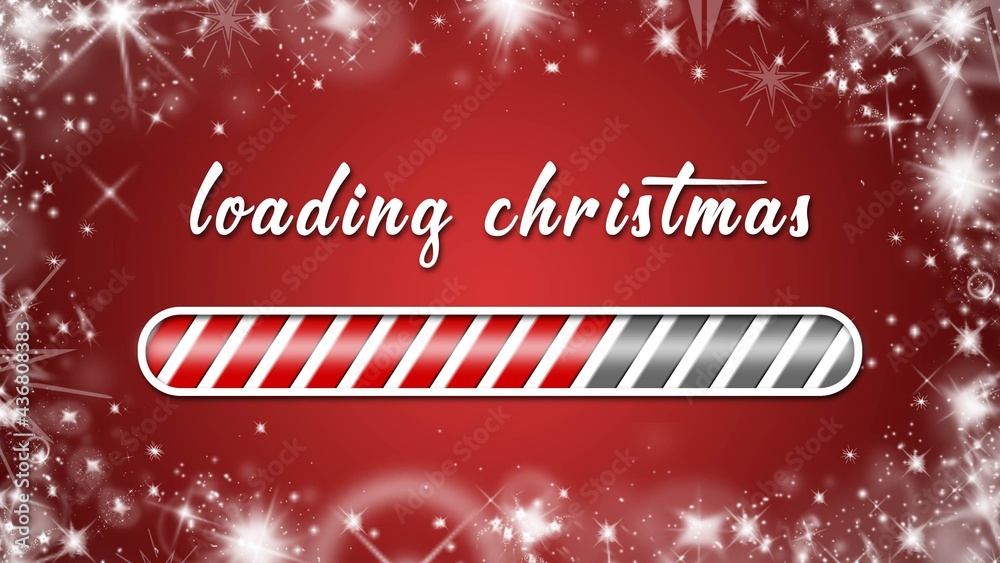 Loading christmas greeting card - white lettering and loading bar on red background framed with white snow flakes and ice stars - 3D Illustration