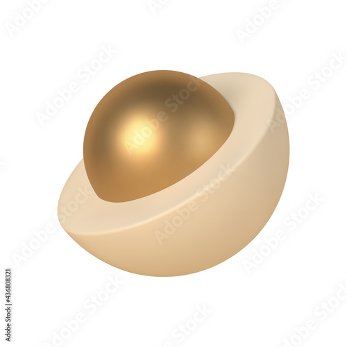 Abstract 3d hemisphere with golden ball inside vector template. Geometric scandinavian design with realistic cutout.