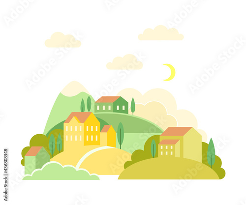 Local Landscape with Urban Houses  Hills and Trees as Cozy Scenery of Neighborhood Vector Illustration