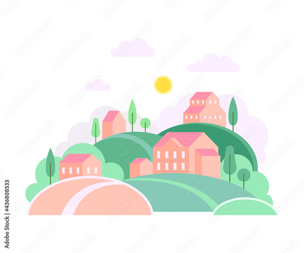 Green Hills with Local Houses as Cozy Cityscape or Urban Landscape Vector Illustration Green Hills with Local Houses as Cozy Cityscape or Urban Landscape Vector Illustration