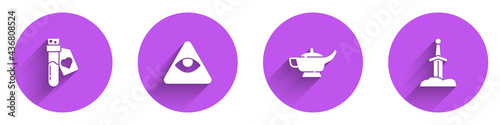 Set Bottle with love potion, Masons, Magic lamp or Aladdin and Sword the stone icon with long shadow. Vector