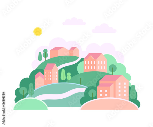 Fototapeta Naklejka Na Ścianę i Meble -  Green Hills with Local Houses as Cozy Cityscape or Urban Landscape Vector Illustration