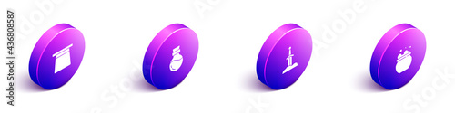 Set Isometric Magic hat, Bottle with potion, Sword in the stone and Witch cauldron icon. Vector