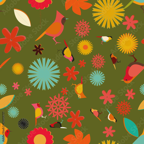 Colourful birds and flowers vector seamless repeat pattern print background photo