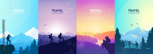 A man watches nature, climbing to the top, friends going hike, teamwork, support of friends. Landscapes set. Travel concept of discovering, exploring, observing nature. Hiking. Adventure tourism.