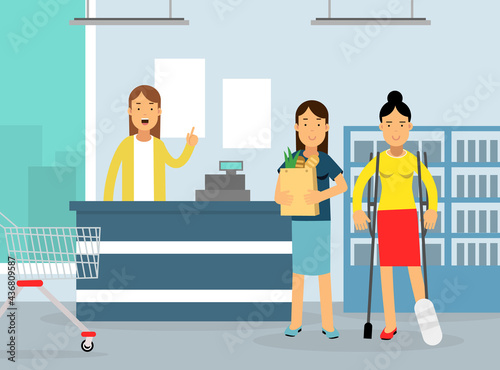 Disabled Woman with Bandaged Leg and Crutches Getting Help Vector Illustration