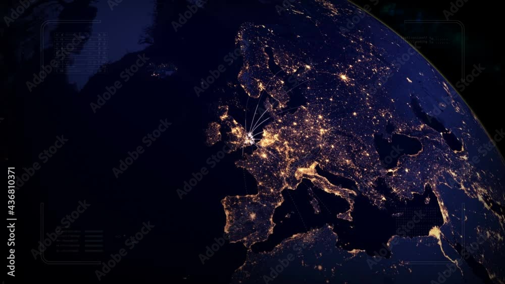 Flying to UK from many places.London.United Kingdom opens borders for tourists.Airplane trip on the map.HUD with digital data code.Good for tourist company, airways advertisement.