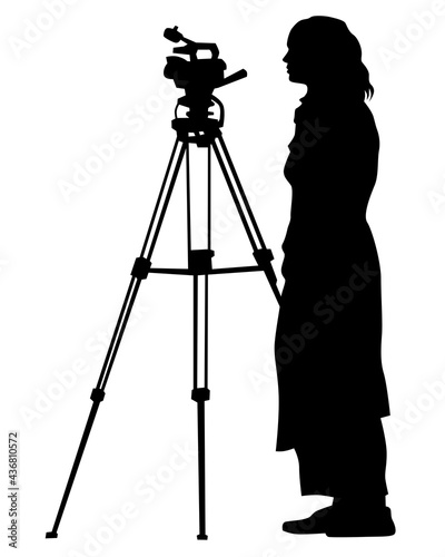 Tripod  with a camera on street. Isolated silhouettes of people on white background