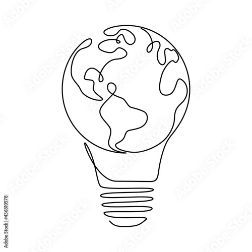 Earth globe inside lightbulb in one continuous line drawing. Vector Concept of Eco innovation, idea of green energy and global solution with electricity in simple doodle style. Editable stroke