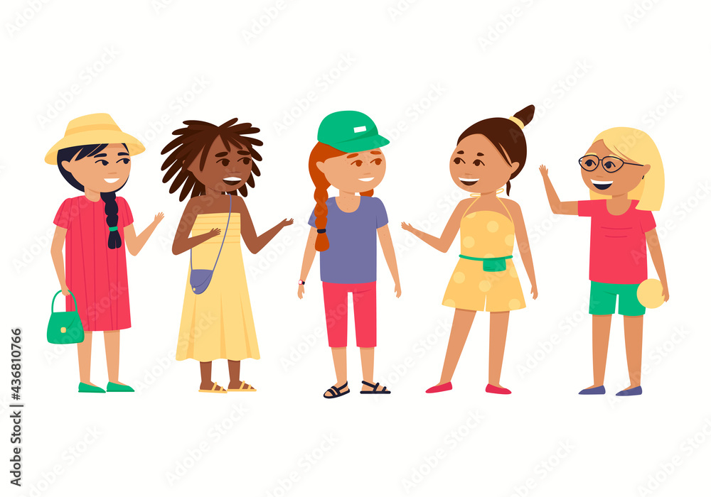 Girls of different ethnic groups on a white background. African Americans, Asians and Europeans at the summer camp. Girlfriends spend their summer holidays together. Flat vector illustration.