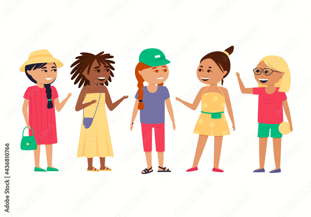 Girls of different ethnic groups on a white background. African Americans, Asians and Europeans at the summer camp. Girlfriends spend their summer holidays together. Flat vector illustration. Girls of different ethnic groups on a white background. African Americans, Asians and Europeans at the summer camp. Girlfriends spend their summer holidays together. Flat vector illustration.