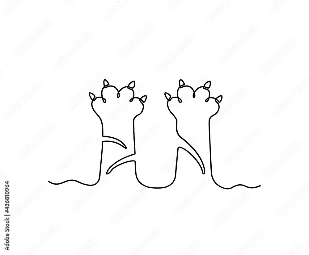 Continuous line art drawing of cat paw. Minimalist black outline art paw isolated on white background. Continuous line art drawing of cat paw. Minimalist black outline art paw isolated on white background.