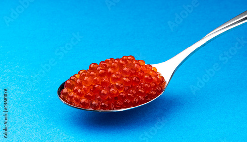 Red caviar in spoon isolated on blue background