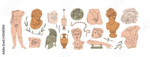 Set of abstract ancient Greek classic statues and sculptures, drawn in modern style. Design elements in aesthetic of antique Greece. Flat graphic vector illustration isolated on white background