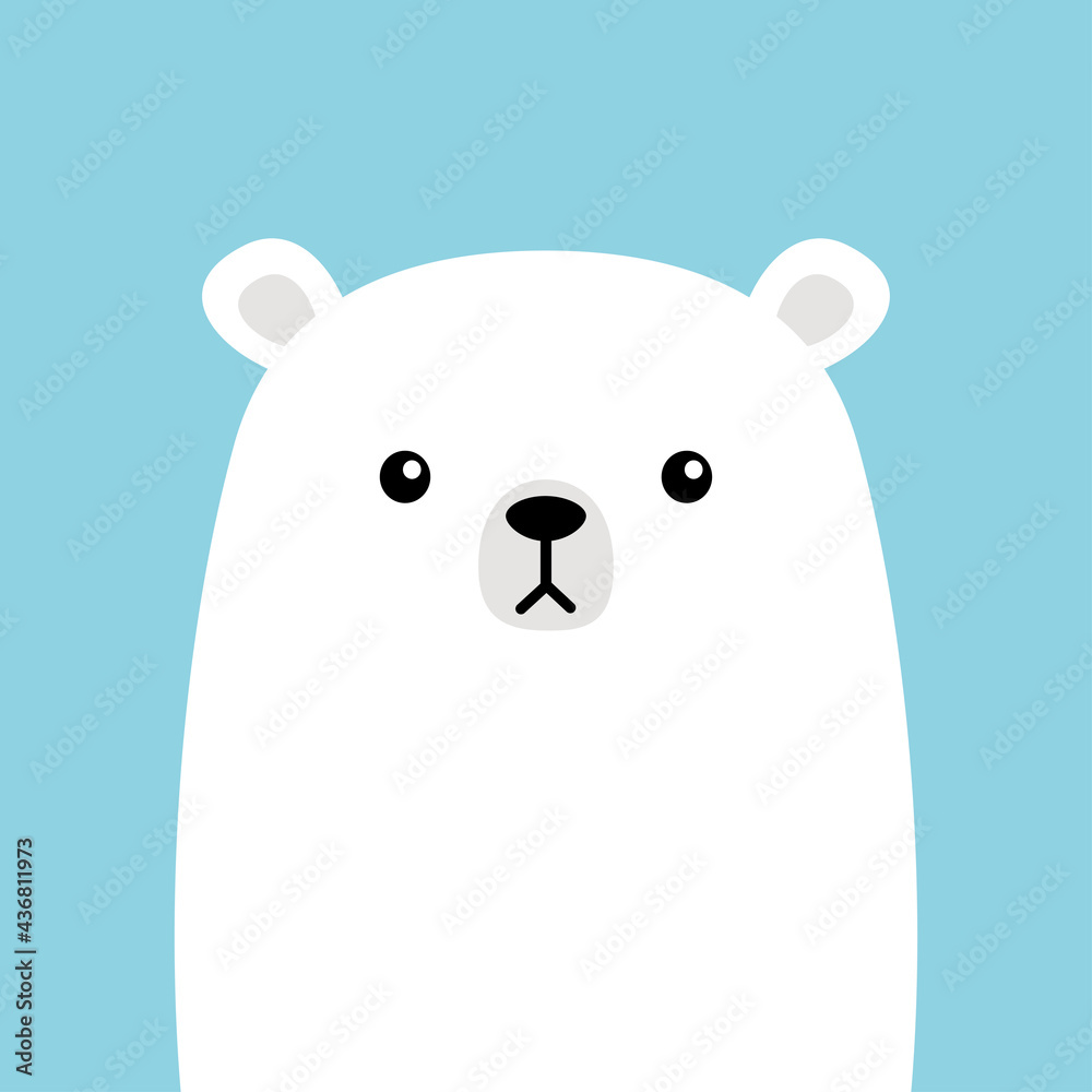 Fototapeta premium White polar bear cub face. Arctic animal. Cute cartoon kawaii funny baby character. Hello winter. Merry Christmas. Happy New Year. Flat design. Blue background.