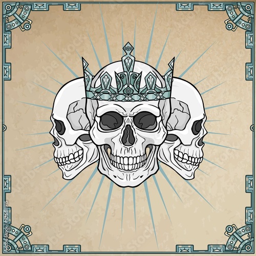 Three royal skulls.  Background - imitation of old paper, a decorative frame. Vector illustration.