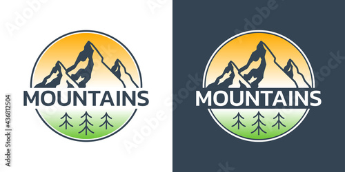 Mountains badge or logo. Circle adventure emblem. Vector illustration.
