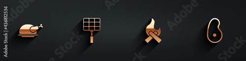 Set Roasted turkey or chicken, Barbecue steel grid, Campfire and Steak meat icon with long shadow. Vector