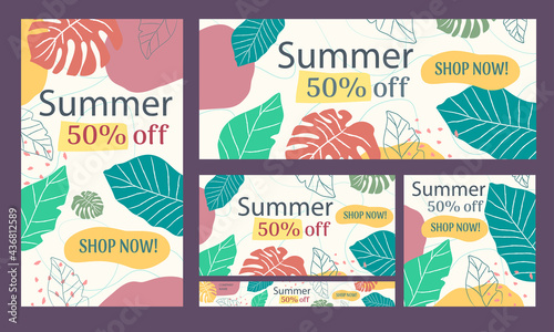 Social media and web banners collection with tropical design. Various resolutions in horizontal  square and vertical backgrounds. Multicolored floral and summer ads design in flat style. Vectorized.