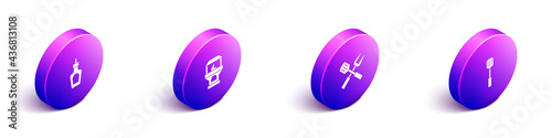 Set Isometric Sauce bottle, Brick stove, Crossed fork and spatula and Barbecue icon. Vector