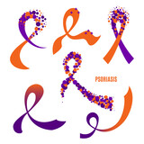 Psoriasis awareness ribbon collection set. Purple and orange bows made of dots for support and solidarity concept. Psoriatic arthritis disease. Vector illustration.