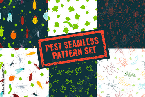 Seamless pattern set of pest insects and damaged leaves on black and white backgrounds. Parasitic beetle concept. Perfect for exterminator service companies. Vector illustration.