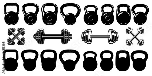 Big set of gym kettlebells, dumbbells and barbells. Design element for logo, label, sign, emblem. Vector illustration