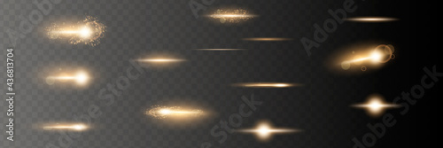 Set. Shining star, the sun particles and sparks with a highlight effect, golden bokeh lights glitter and sequins. On a dark background transparent. Vector, EPS10