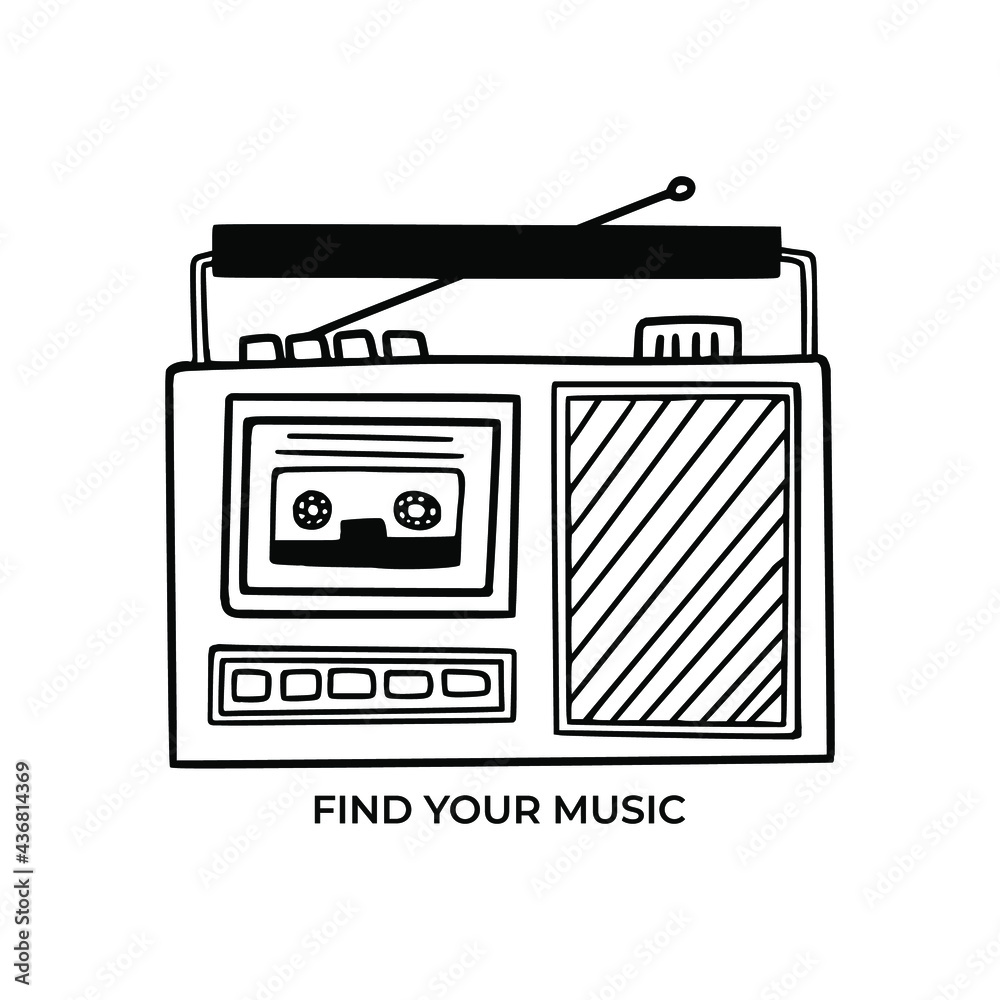 Collection of old school radio tape recorder doodle in black and white. Vintage boombox icon. Hand drawn illustration. 90s vibes, retro design. Collection of old school radio tape recorder doodle in black and white. Vintage boombox icon. Hand drawn illustration. 90s vibes, retro design.