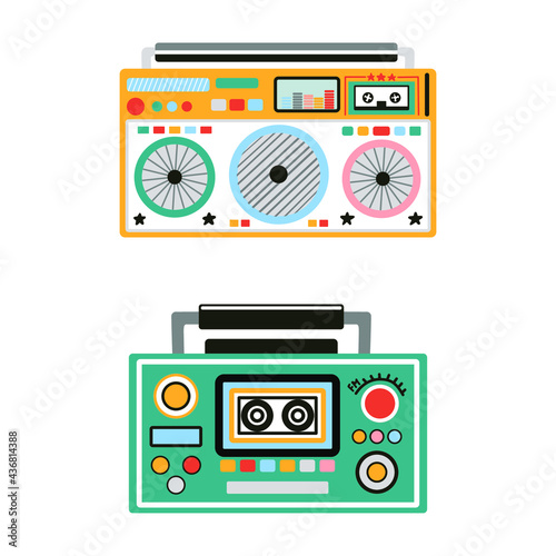 Set of cute and colorful old school tape recorders doodles. Vintage boombox icons. Hand drawn illustration. 90s vibes, retro design.