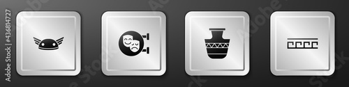 Set Helmet with wings, Comedy and tragedy masks, Ancient amphorae and Greek pattern icon. Silver square button. Vector