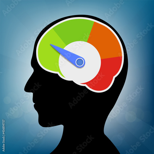 Silhouette human head with level scale and arrow.