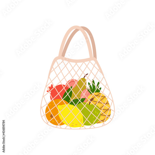 Eco shopping net bag with healthy organic fruits. Zero waste concept. Cartoon vector illustration - products from supermarket