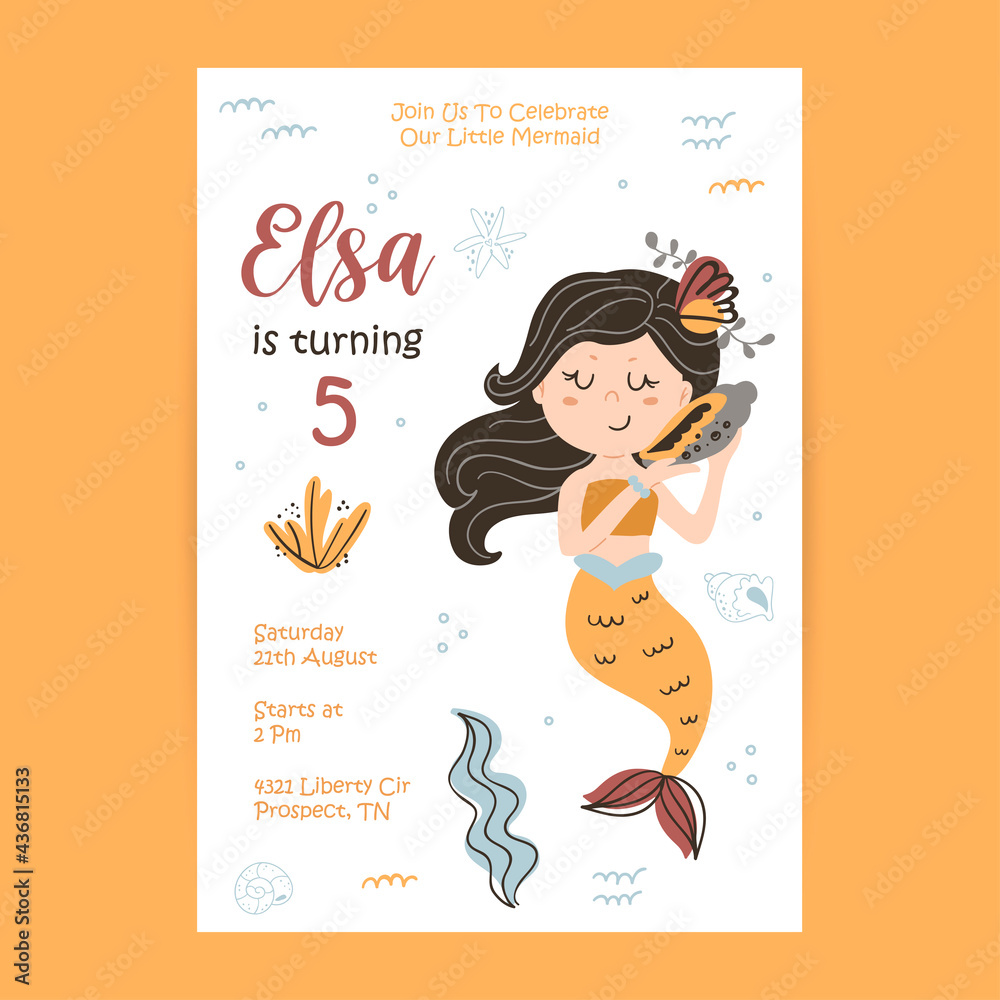 Birthday card template with mermaid Stock Vector | Adobe Stock
