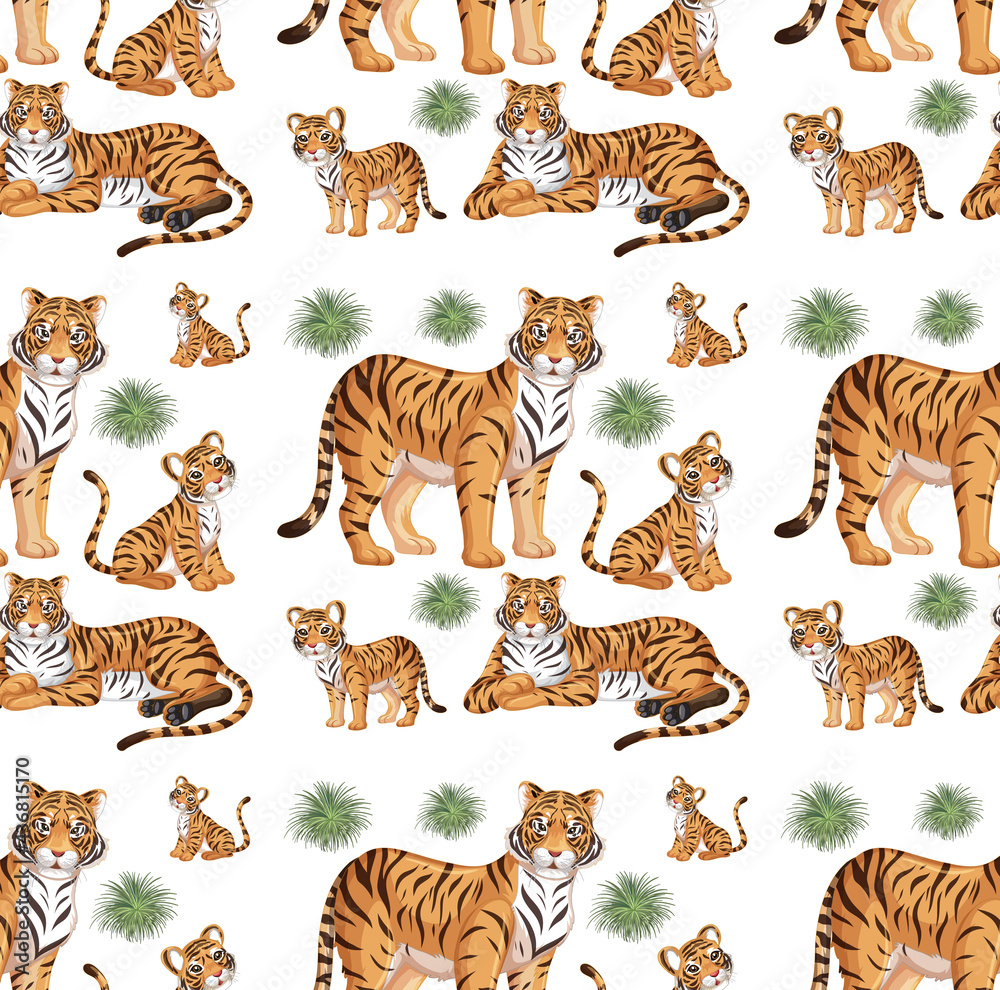 Seamless pattern with wild tiger in many poses on white background