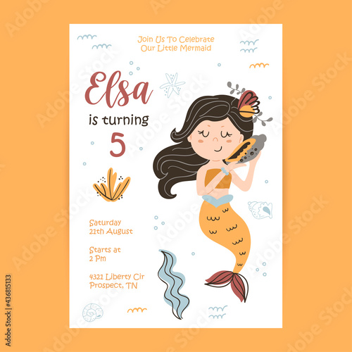 Birthday card template with mermaid