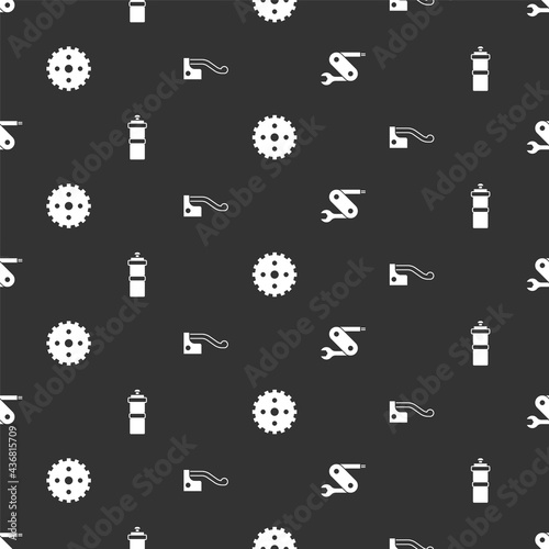 Set Swiss army knife, Sport bottle with water, Bicycle sprocket crank and brake on seamless pattern. Vector