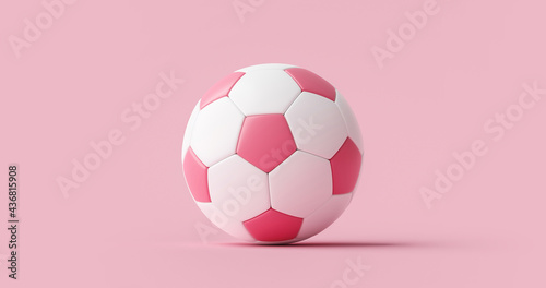 Pink soccer ball or football and sport equipment on pink pastel background with classic women team. 3D rendering.