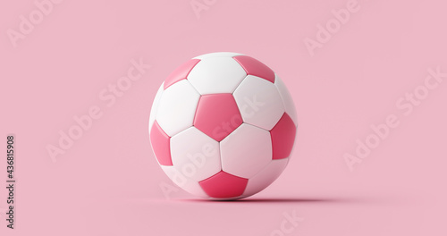 Fototapeta Naklejka Na Ścianę i Meble -  Pink soccer ball or football and sport equipment on pink pastel background with classic women team. 3D rendering.