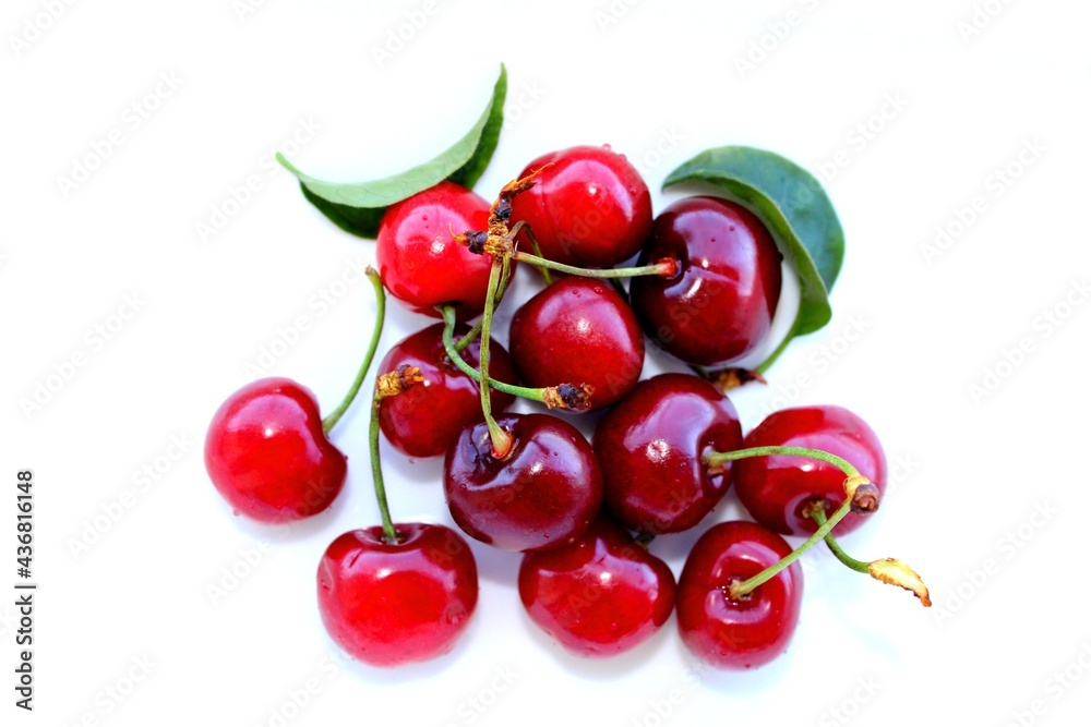  Fresh cherries on a white background, summer fruits, top view