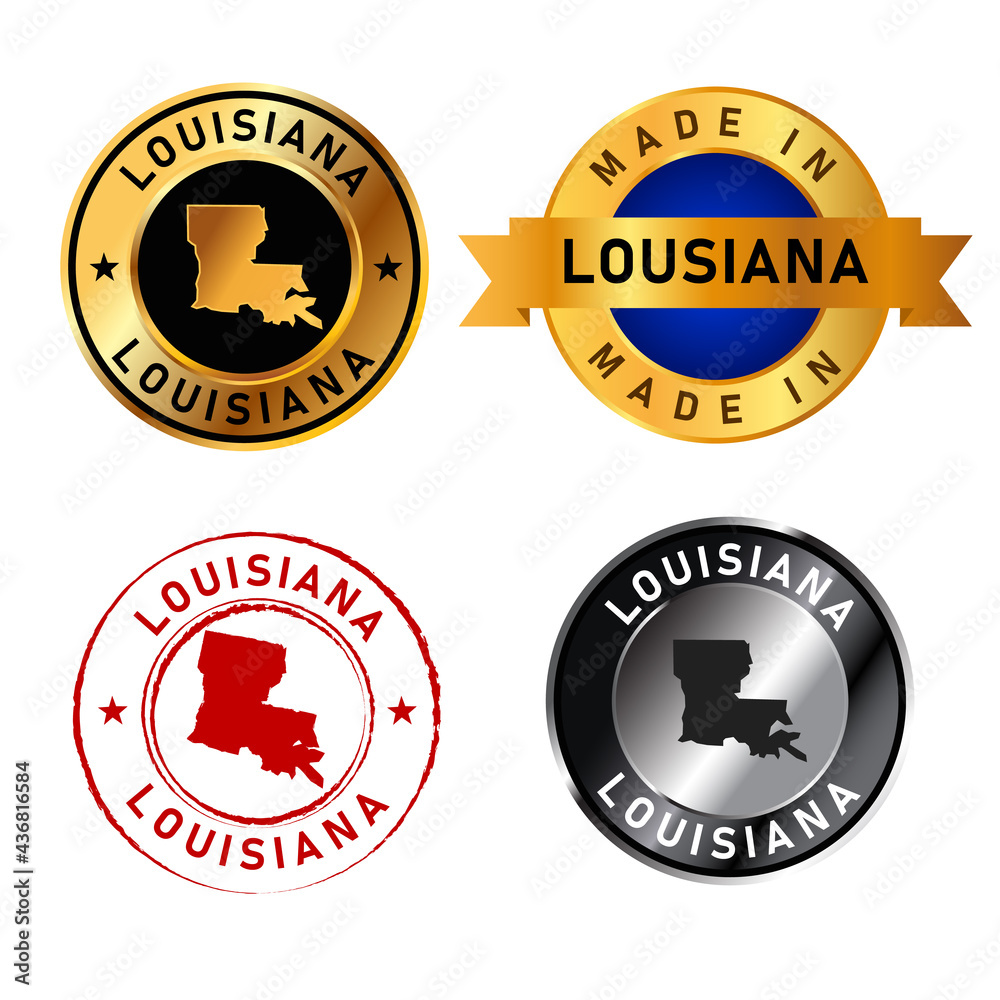 Louisiana badges gold stamp rubber band circle with map shape of country states America