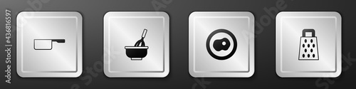 Set Saucepan, Kitchen whisk with bowl, Scrambled eggs and Grater icon. Silver square button. Vector