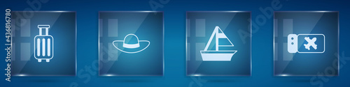 Set Suitcase, Elegant women hat, Yacht sailboat and Airline ticket. Square glass panels. Vector