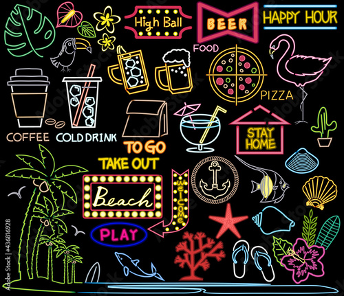 ネオン管風の南国モチーフのイラストセット