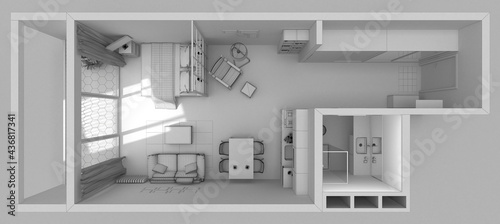 Compact apartment interior top view grid 3D render