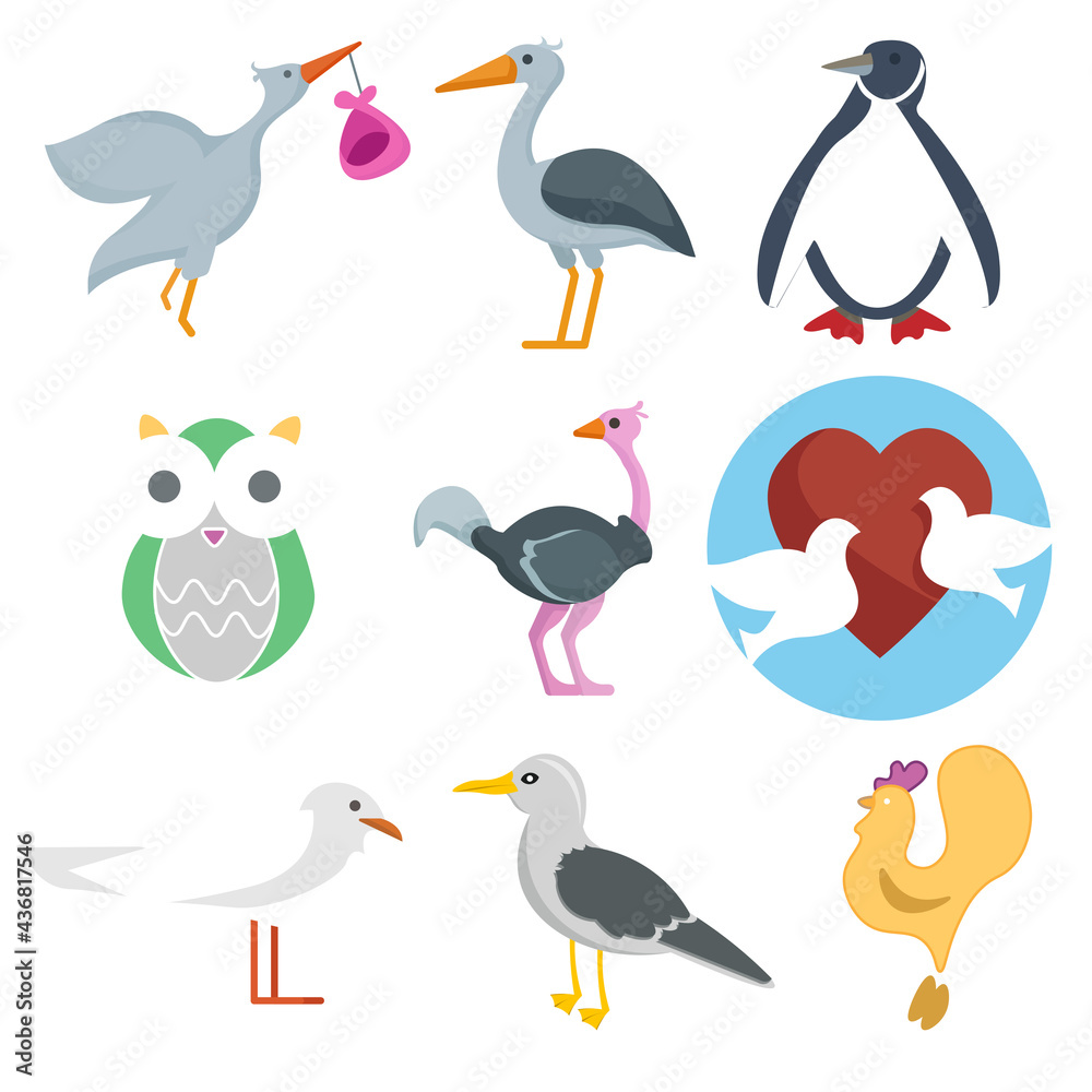 Fototapeta premium bird vector clip art set with penguin, owl, ostrich, stork, cock and pigeons. bird vector clip art set with penguin, owl, ostrich, stork, cock and pigeons.