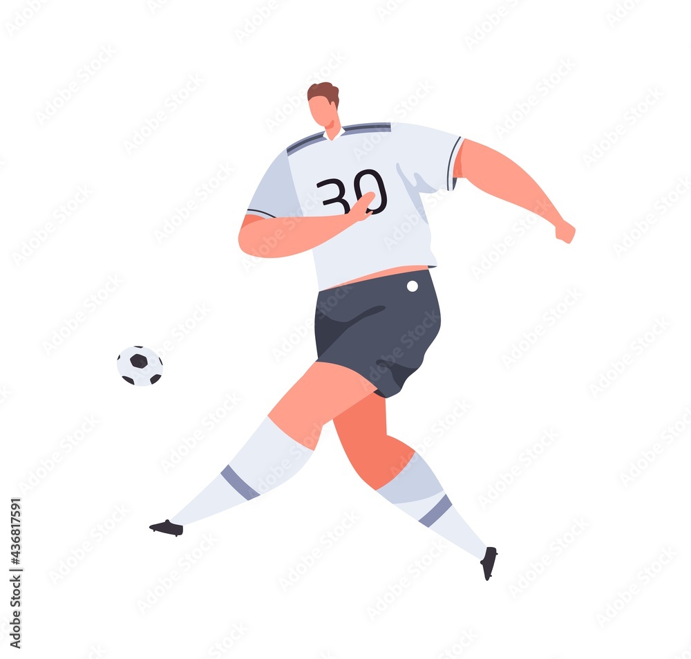 Football player running and kicking ball with foot. Professional athlete in uniform and boots playing soccer. Male footballer training. Colored flat vector illustration isolated on white background