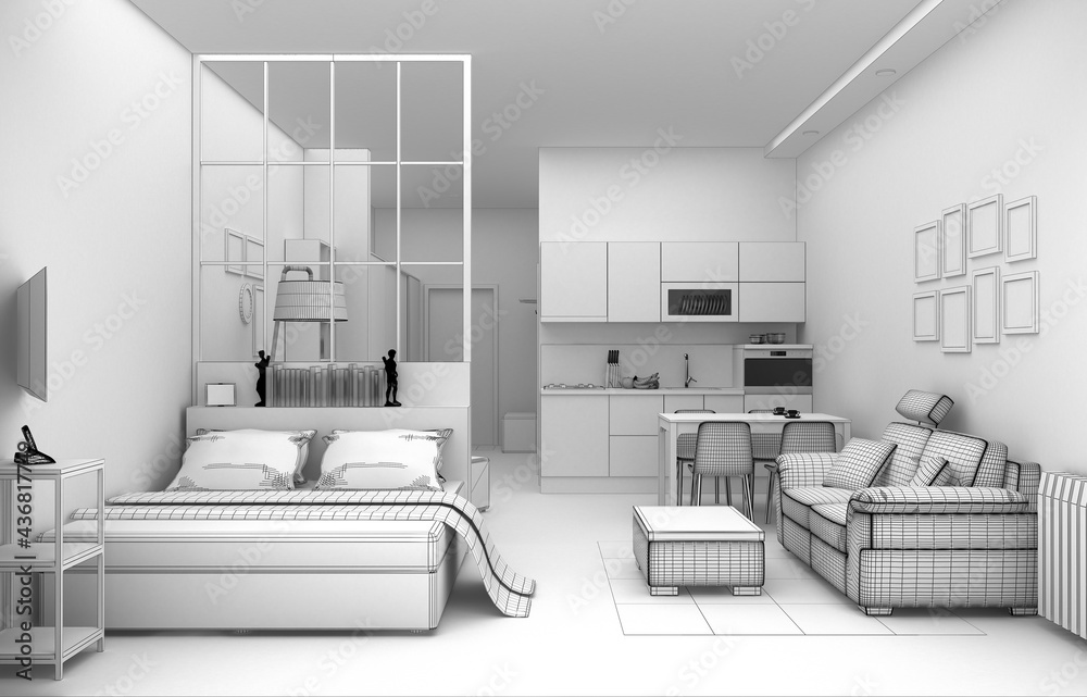 Interior design of a compact apartment grid 3D render Interior design of a compact apartment grid 3D render
