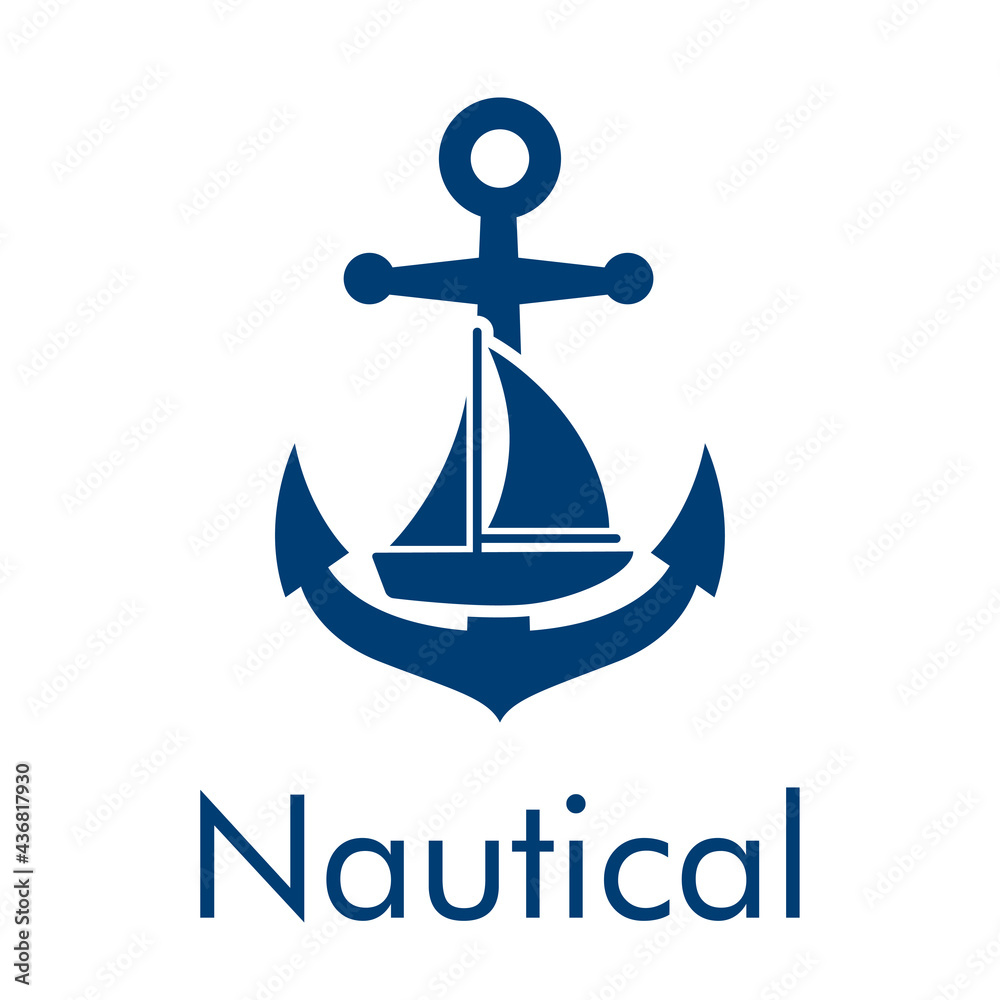 Vecteur Stock Logotipo con texto Nautical y barco de vela en ancla de barco  en color azul