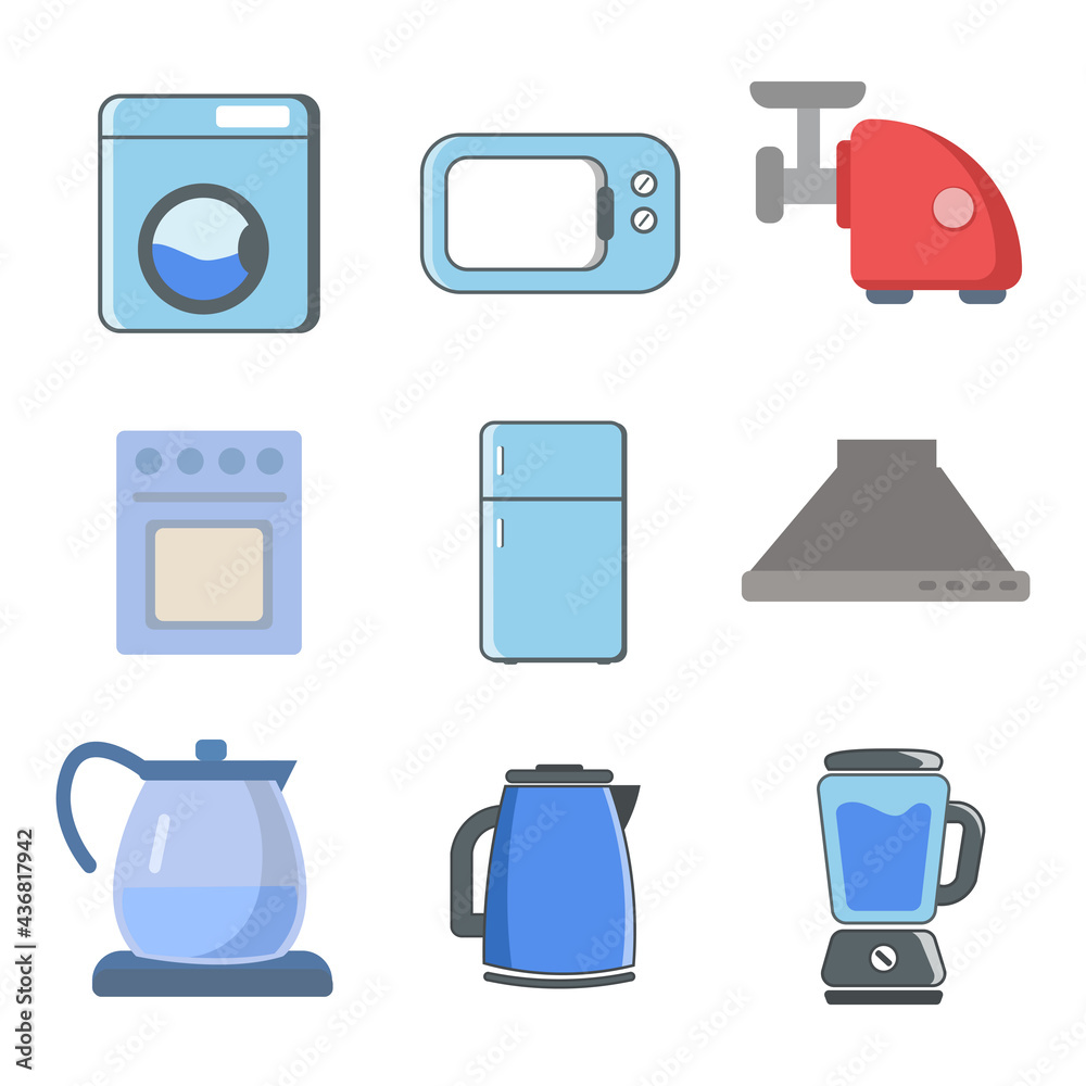 Kitchen electrical equipment vector clip art set with tea kettle, blender, fridge, gas stove, microwave, Kitchen electrical equipment vector clip art set with tea kettle, blender, fridge, gas stove, microwave,